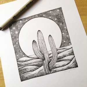 Cactus Moon dotwork Print A4 Original Artwork Illustration