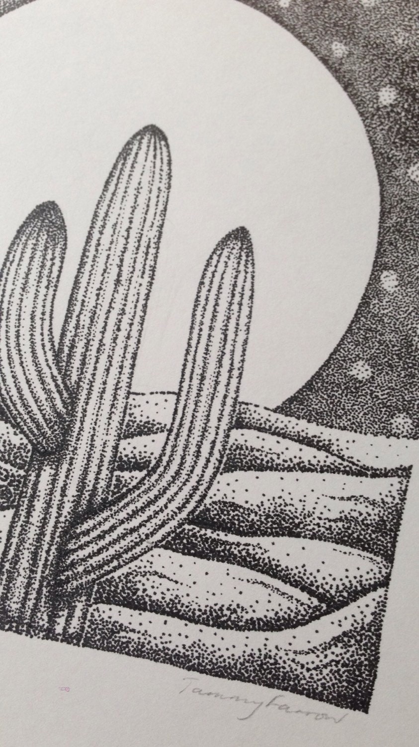 Cactus Moon Dotwork Print A4 Original Artwork Illustration - Etsy