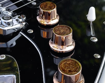 Custom Guitar Knob set, Handmade, Bronze, with aged Bronze shaving Inlay, set for Strat style guitar