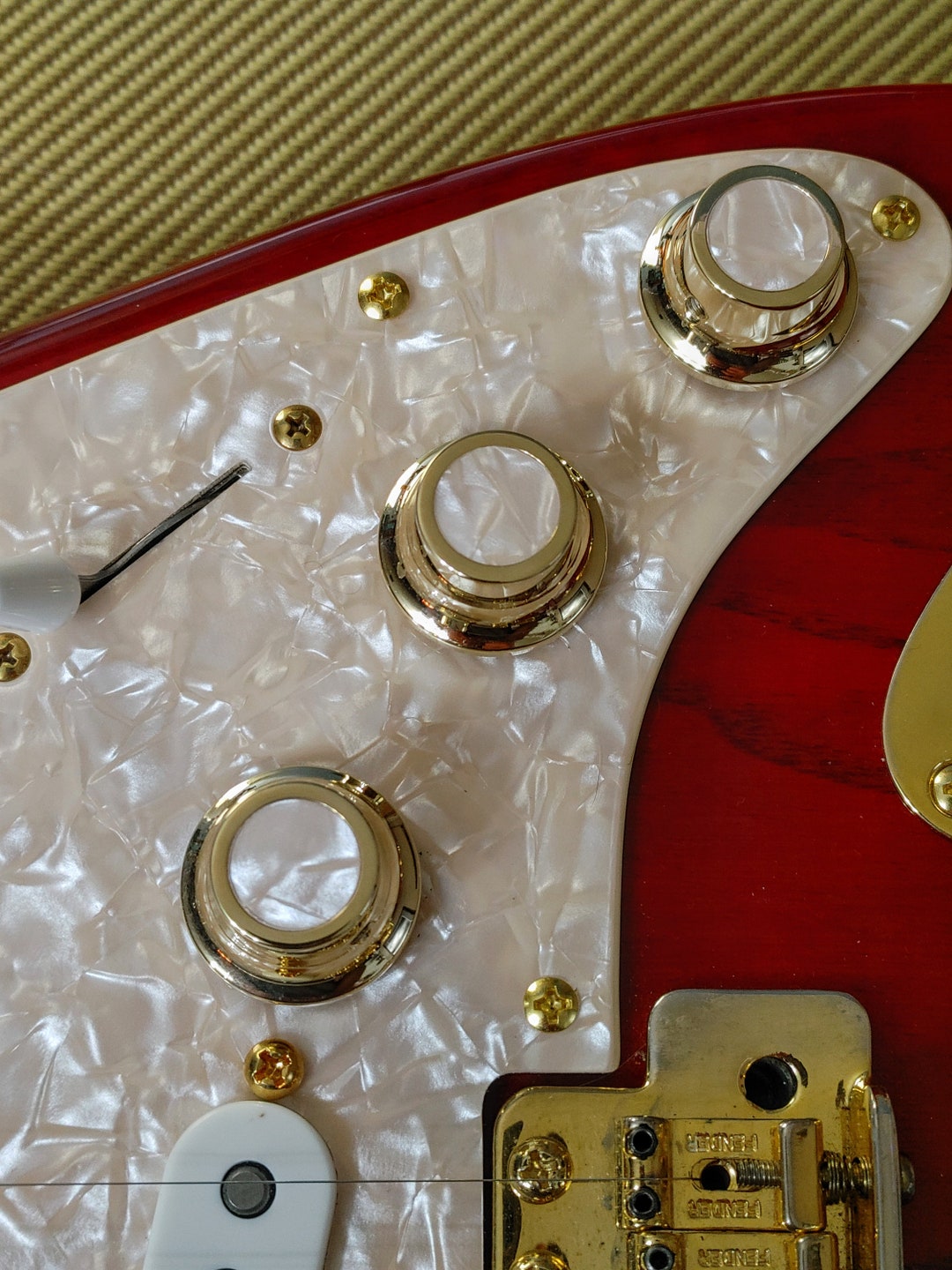 Custom Guitar Knob Set, Handmade Brass, With Pearloid Inlay, for Strat