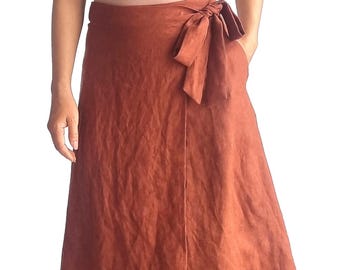 Falda 100 % lino con bolsillo en el lado izquierdo, falda cruzada midi de cintura alta con lazo lateral, falda, falda de lino para oficina, falda informal de verano de estilo urbano.