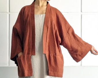 100% Leinen Kurzer Kimono mit Taschen, Leinenjacke, Leinenmantel, Leinen-Strickjacke-Bademantel, loser übergroßer lässiger Kimono mit langen Ärmeln