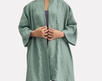 Washed Pure Linen Kimono Robe (No Belt) - Loose Oversize Lounge Jacket
