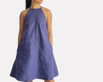 100% Linen mini halter neck dress with highlight seam, short dress, A-line dress for women, summer casual linen dress, midi sleeveless dress