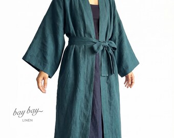 Pure Linen Robe with Belt, Drop Shoulder Long Oversized Summer Wrap for Unisex, Minimalist Handmade Kimono Coat for Men/ Women