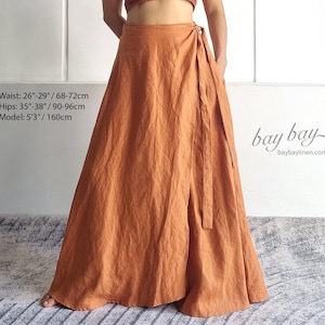 SOFORT LIEFERBAR - 100% Leinen Schrägschnitt Wickelrock in Orange mit Krawatte & linker Tasche, Leinen lässig langer, breiter Rock, Sommer Maxi Rock Tanzrock