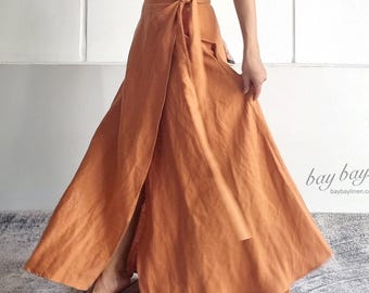 100% Linen WIDE Wrap Skirt with left side pocket, high waist maxi skirt, casual summer beach skirt, A-line dance skirt, long skirt