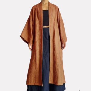 Puur linnen kimono-gewaad met riem, verlaagde schouder, lange oversized zomeromslag voor uniseks, minimalistische handgemaakte jas voor mannen/vrouwen