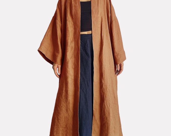 Pure Linen Kimono Robe with Belt, Drop Shoulder Long Oversized Summer Wrap for Unisex, Minimalist Handmade Coat for Men/ Women