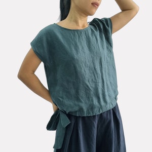 Blusa 100% linho com amarração lateral, blusa de linho com gola redonda e mangas curtas, blusa casual básica de tamanho personalizado, camiseta de verão, blusa de linho solta de tamanho único
