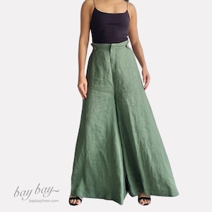 100% Leinen Hose mit hoher Taille und Kokosnussknöpfen, lange Hose, Hose mit weitem Bein, Hose in voller Länge, Hose mit hohem Bund, gewaschenes Premium-Leinen