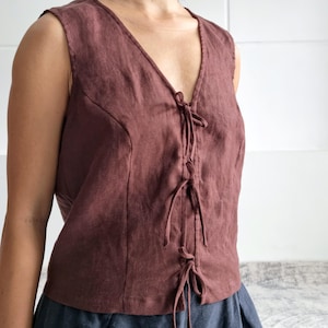 Blusa de linho 100% com amarração frontal, blusa de linho de verão, blusa de linho básica casual solta, camiseta de linho de outono, blusa de férias de verão