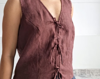 Leinenbluse mit Bindeband vorne, Sommerbluse aus Leinen, lässiges, locker sitzendes Leinentop, Leinen-T-Shirt für den Herbst, Sommerurlaubstop