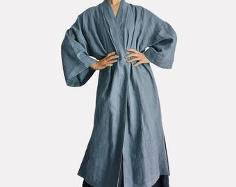 100% Linen Duster with Belt, Drop Shoulder Oversized Comfortable Kimono, Long Cardigan Coat Bathrobe, Lounge Wear, Easy Wear