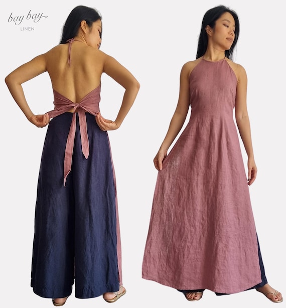 100% Linen Halter Neck Backless Dress, Vietnamese Ao Yem, Summer Open Back Top With Tie, Beach Wear Holiday Casual Dress With Style