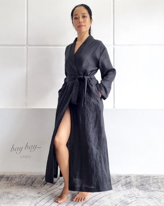 casual kimono dress READY TO SHIP- 100% Linen 2-way Wear Long With Belt and Pockets in Black, Lounge Wear Robe Jacket Coat for Layering Size Type:Tall Burnt Orange Maternity Dress Open Back wedding dress tailored look that fits