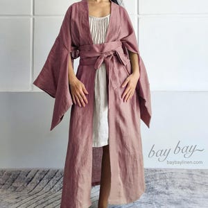 Pure Linen Japanese Kimono with Obi belt, Bridesmaid Robe, Long Casual Wrap Kimono, Summer Bathrobe Lounge Wear, Bachelorette Party Outfit