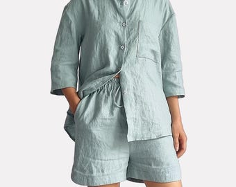 100% Linen Two-piece Set, casual linen shirt & shorts with pockets, comfortable lounge wear, linen street wear for women, summer linen set
