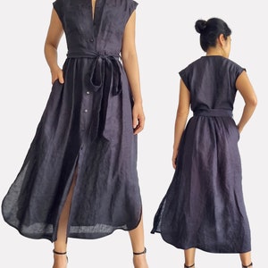 100% Linen shirt dress with chest pockets & two side pockets, linen midi dress with buttons, mini dress with belt tie, casual blouse