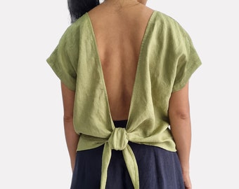 Top in lino 100% con schiena scoperta, top da palestra per yoga, camicetta con scollo arrotondato e maniche corte, top in lino con taglia unica e personalizzabile, top estivo da spiaggia in lino.