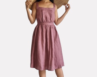 100% Linen midi dress, vintage inspired linen dress, mini dress, mid-length dress, casual summer dress, autumn dress, mid-calf beach wear