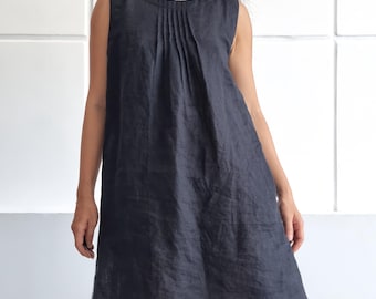 100% Linen mini dress with Pleats & Pockets, A-line Casual dress, linen summer dress, short street wear dress, high-low sleeveless dress