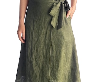 Pure Linen Wrap Skirt with Pocket & side tie, midi high waist skirt, Flowy Casual Summer Style