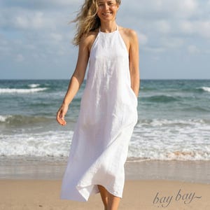 100% Linen Open back Dress with Pockets, Halter neck, Beach Casual Summer Long Dress, lounge wear