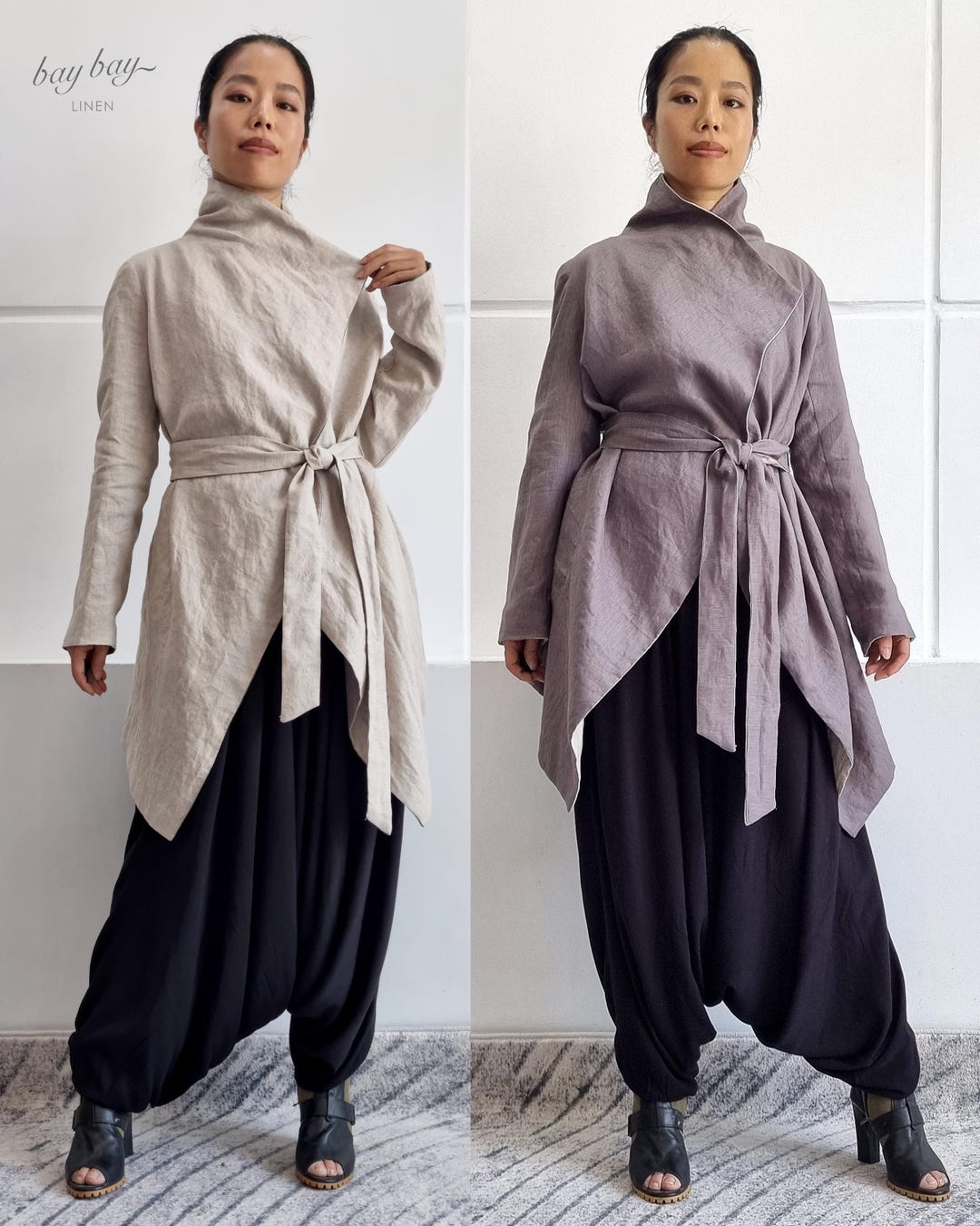 Transformable Jackets 100% Linen 2-in-1 Reversible Multi-way Linen Wrap Jacket With Belt ...