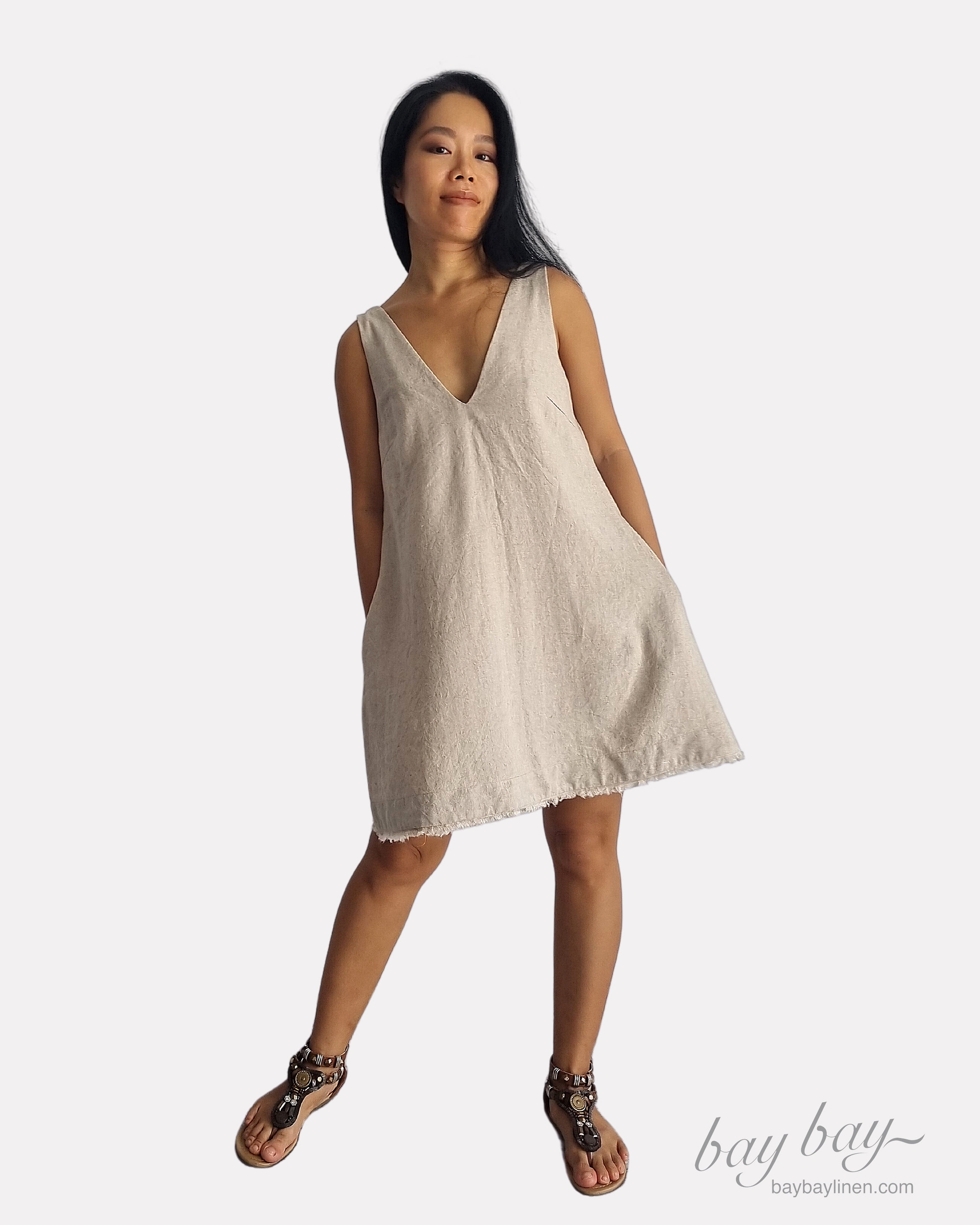 100% Linen Mini Dress with Fringe, A-Line Dress for Women, Linen Summer Dress, Short Casual Dress, Midi Dress V-Neck Dress, Sleeveless Dress
