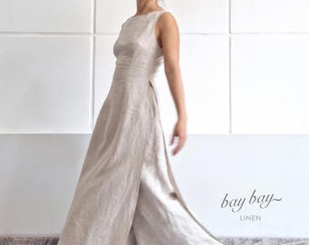 Completo due pezzi in lino 100% con abito con spacco e pantaloni a gamba larga, Ao Dai moderno, tunica senza maniche, abbigliamento estivo casual