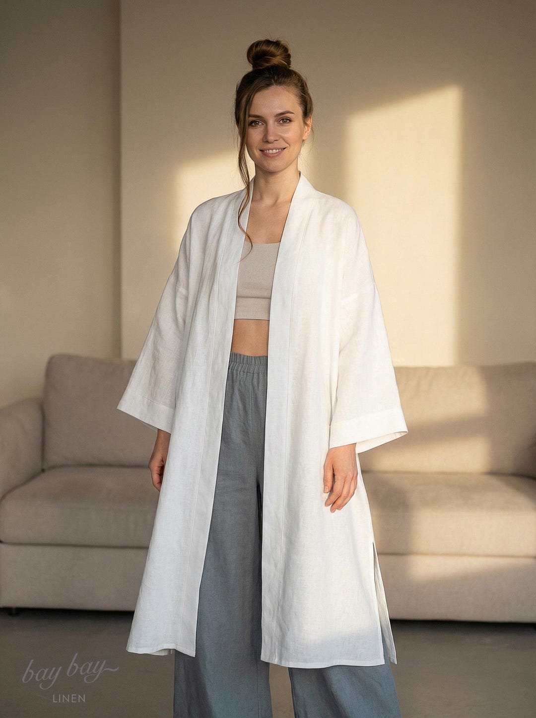 100% Linen Midi Length Robe With Belt, Drop Shoulder Oversized Loose ...