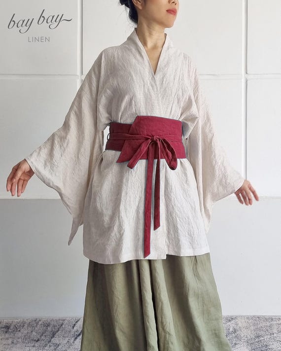 100% Linen Obi Belt, Wrap Waist Belt for Dress, Kimono or 