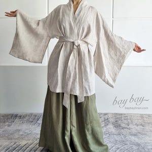 100% Linen Kimono with Belt, Japanese Kimono, Handmade Yukata, loose free size linen Robe, linen blazer, linen jacket coat, Summer Bathrobe