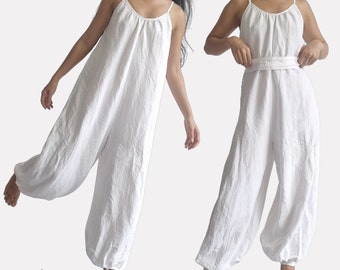 100% Linen Dual-Wear Baggy Jumpsuit with Belt & Pockets, linen romper, boho jumpsuit, summer play suit, free size comfortable holiday outfit