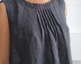 READY TO SHIP - Pure Linen Mini Sleeveless Dress With Pleats in Black, Summer Street Wear Holiday Dress, A-line casual lounge wear dress, ,