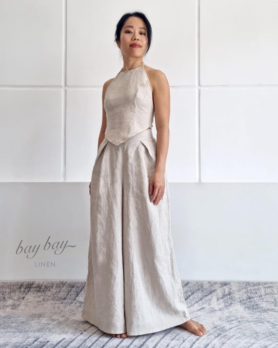 100% Linen Two Piece Set, Halter Top & Wide Leg Pants, open back crop top, casual high waist pants, summer linen set