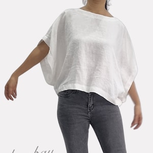 100% Linen top, linen blouse rounded neck short sleeves, basic loose linen top, summer linen tee shirt, free size over size linen top,