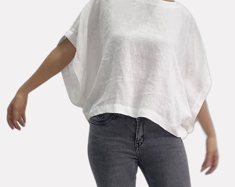 Top in lino 100%, camicetta in lino con scollo arrotondato e maniche corte, top in lino ampio e basico, maglietta estiva in lino, top in lino oversize di taglia unica.