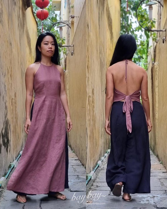 halter neck tunic dress 100% Linen Backless Dress, Vietnamese Ao Yem, Summer Open Back Top With Tie, Beach Wear Holiday Casual With Style Mesh tunic