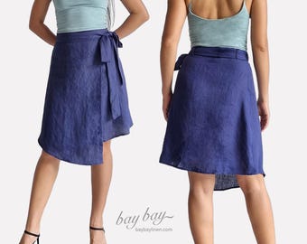 LISTO PARA ENVIAR - Falda cruzada 100% lino en azul, minifalda casual, falda midi de verano, falda alta-baja