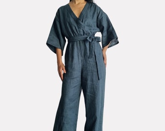 100% Linen Wrap Jumpsuit with Sleeves & Pockets, V neck jumpsuit with belt, linen romper, linen play suit, free size custom size casual