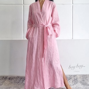 100% Linen Maxi Robe with Belt and Pockets, Wedding Kimonos for Bridesmaids, Full Length Gown, Lounge Wear Bathrobe, Long Jacket Coat Duster