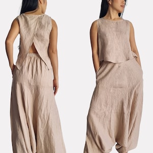 100% Linen two piece set, yoga pilates linen set, pajama sleep wear, casual open back top, wide leg harem baggy pants trousers, lounge wear