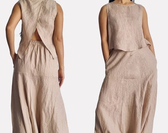 100% Linen two piece set, yoga pilates linen set, pajama sleep wear, casual open back top, wide leg harem baggy pants trousers, lounge wear
