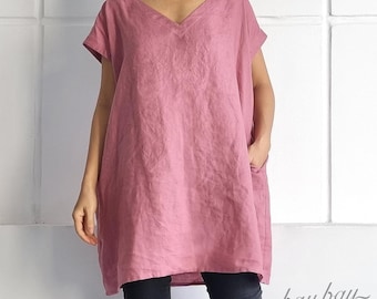 Top in lino 100% con tasche, camicetta casual con scollo a V, top basic ampio, camicia estiva in lino, top oversize in lino taglia unica, miniabito in lino