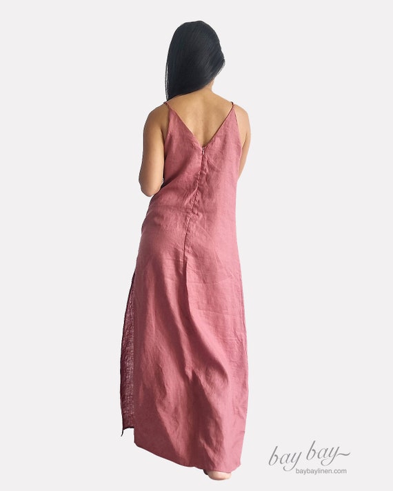 100% Linen long dress, Linen slip dress, dress with straps, V neck dress, holiday Beach casual dress, summer dress, maxi dress lounge wear