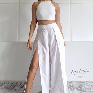 100% Linen two piece set for women, thigh-high split pants & halter neck top, open back crop top, casual high waist pants, summer linen set