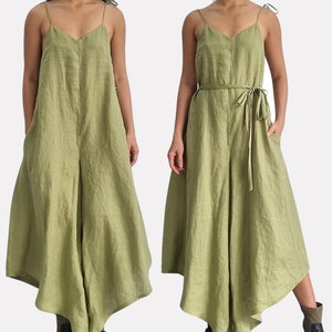 100% Linen Dual-wear Jumpsuit with Belt, loose romper, casual jumpsuit with straps, casual wide leg play suit, oversized free size jumpsuit