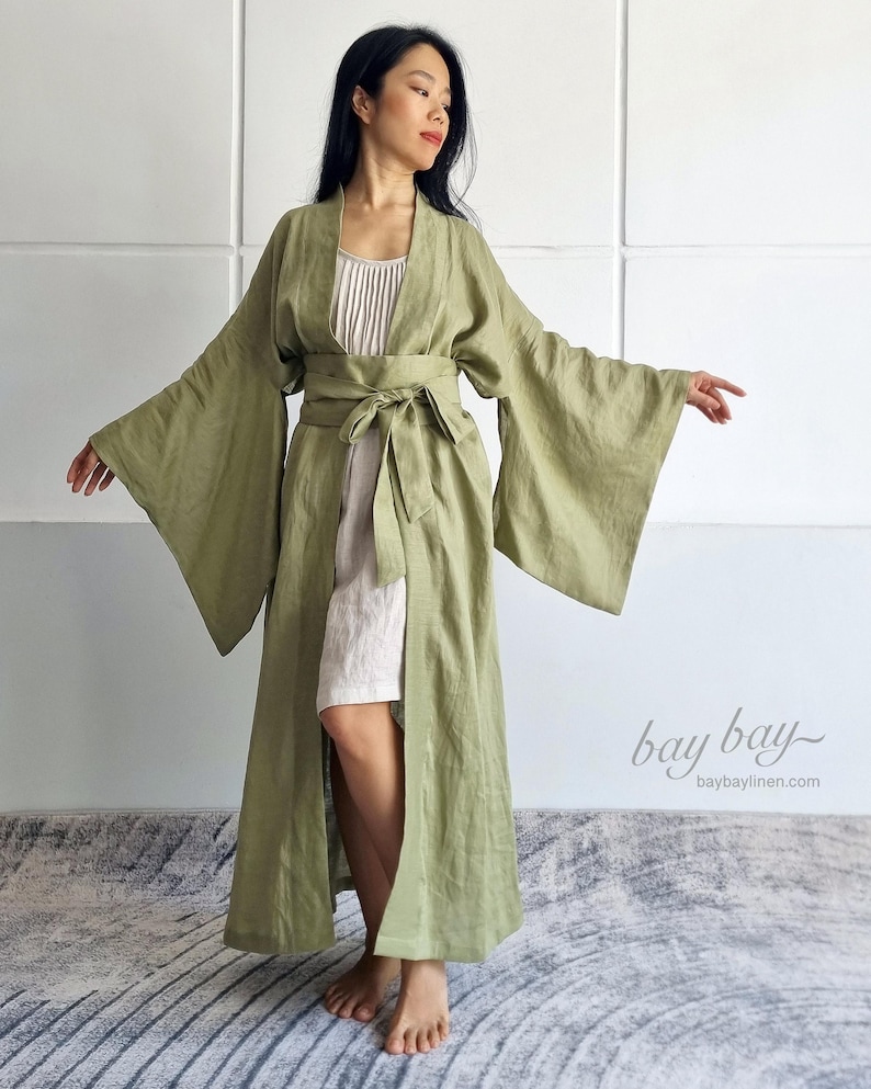 Lower Robe 100% Linen Kimono With Obi Belt, Japanese Kimono, Casual Loose Free ...